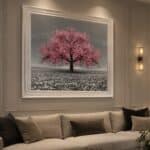 Pink cherry tree picture over sofa