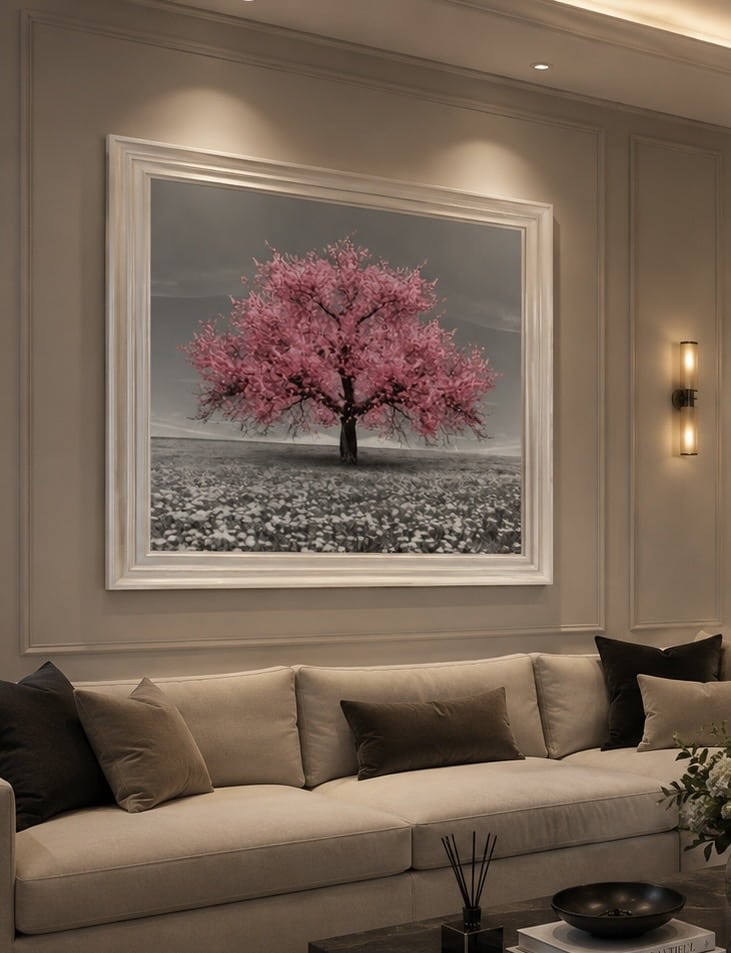 Pink cherry tree picture over sofa