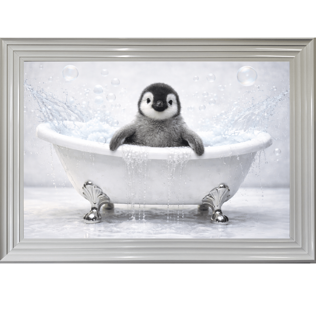 AIB231 - Penguin Chick framed (5) Penguin Chick in the Bath - Framed Picture