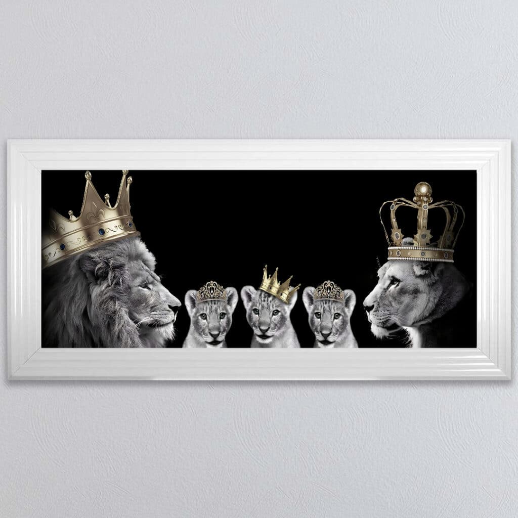 Lion Family with a Boy and 2 Girl Cubs - Framed Wall Art