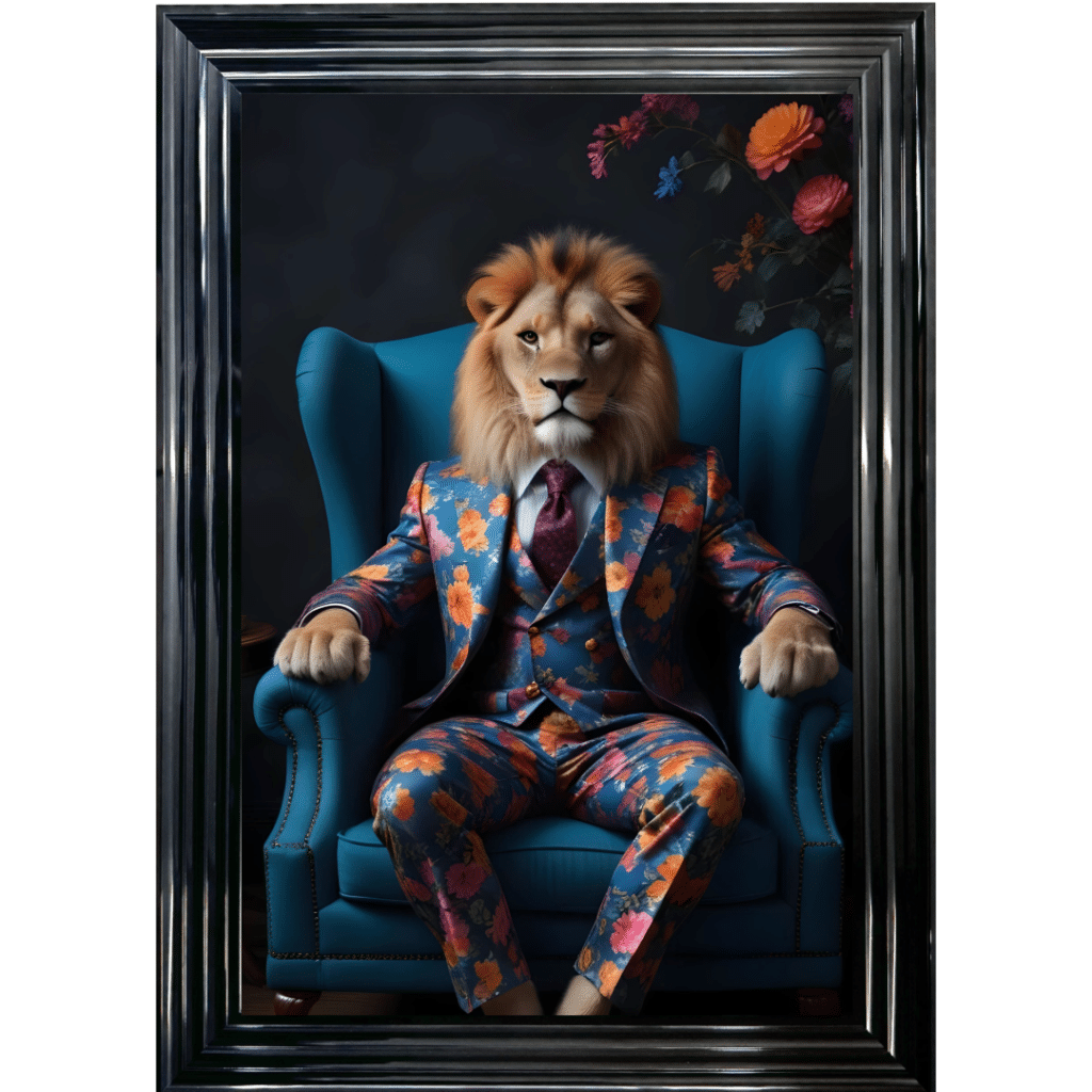 Lion in floral suit - Framed Animal Wall Art