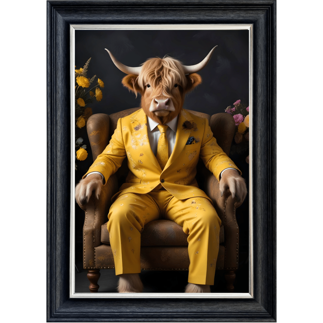 Untitled (91) Highland Cow in floral suit - Framed Animal Wall Art
