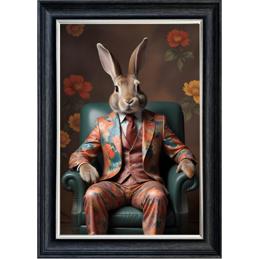 Untitled (93) Rabbit in floral suit - Framed Animal Wall Art