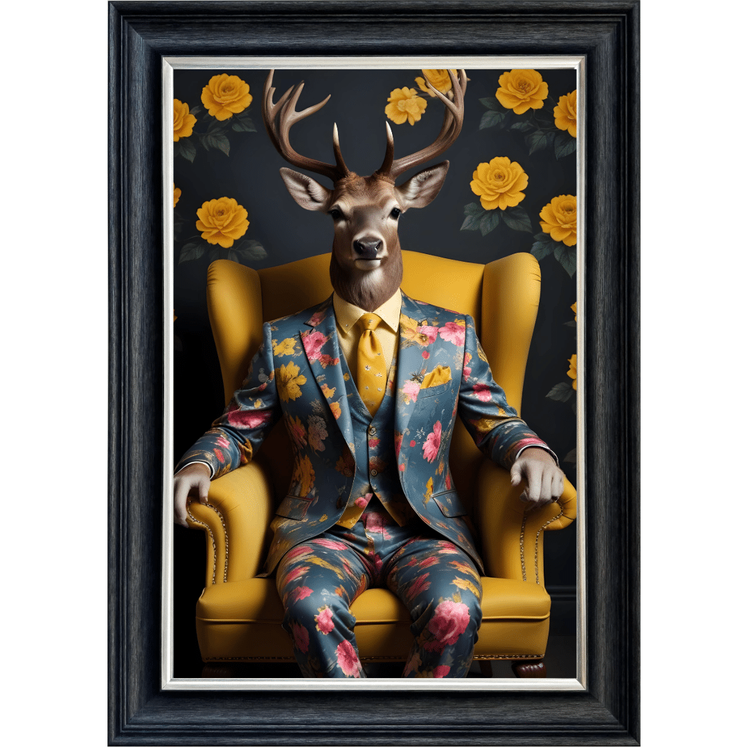 Untitled (94) Stag in floral suit - Framed Animal Wall Art