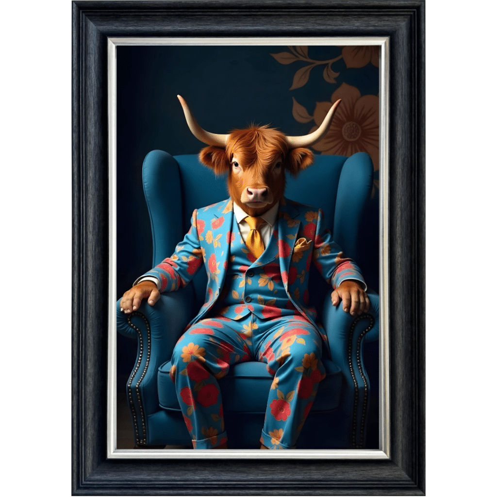 Highland Cow in Blue floral suit - Framed Animal Wall Art