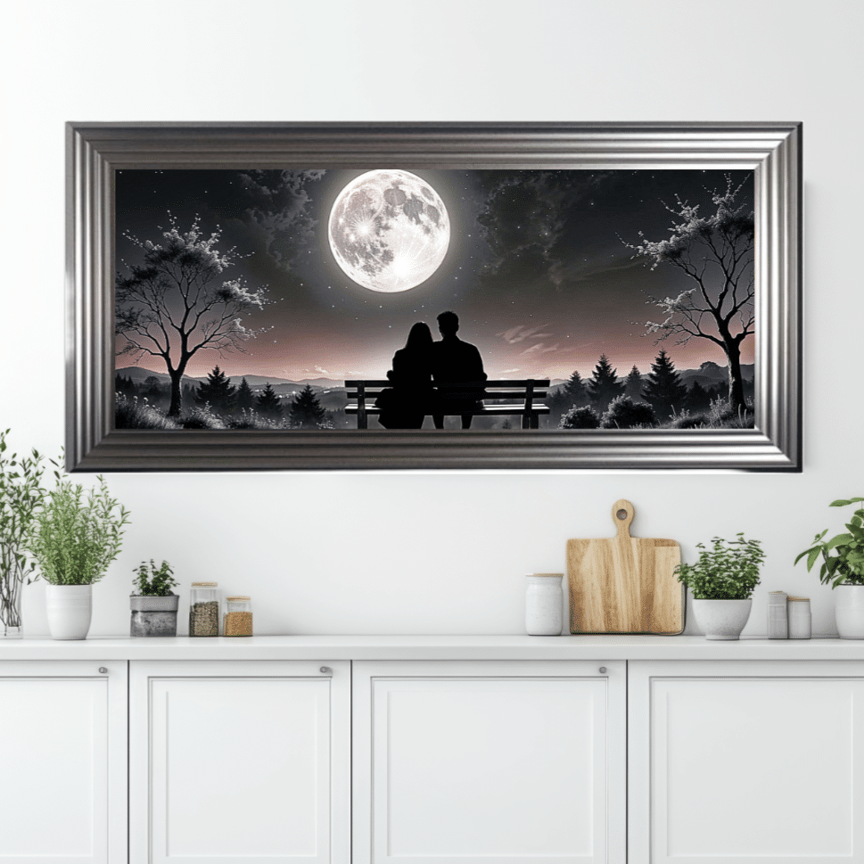 Romantic moon wall art with couple silhouette, luxury framed print for bedroom or living room decor UK
