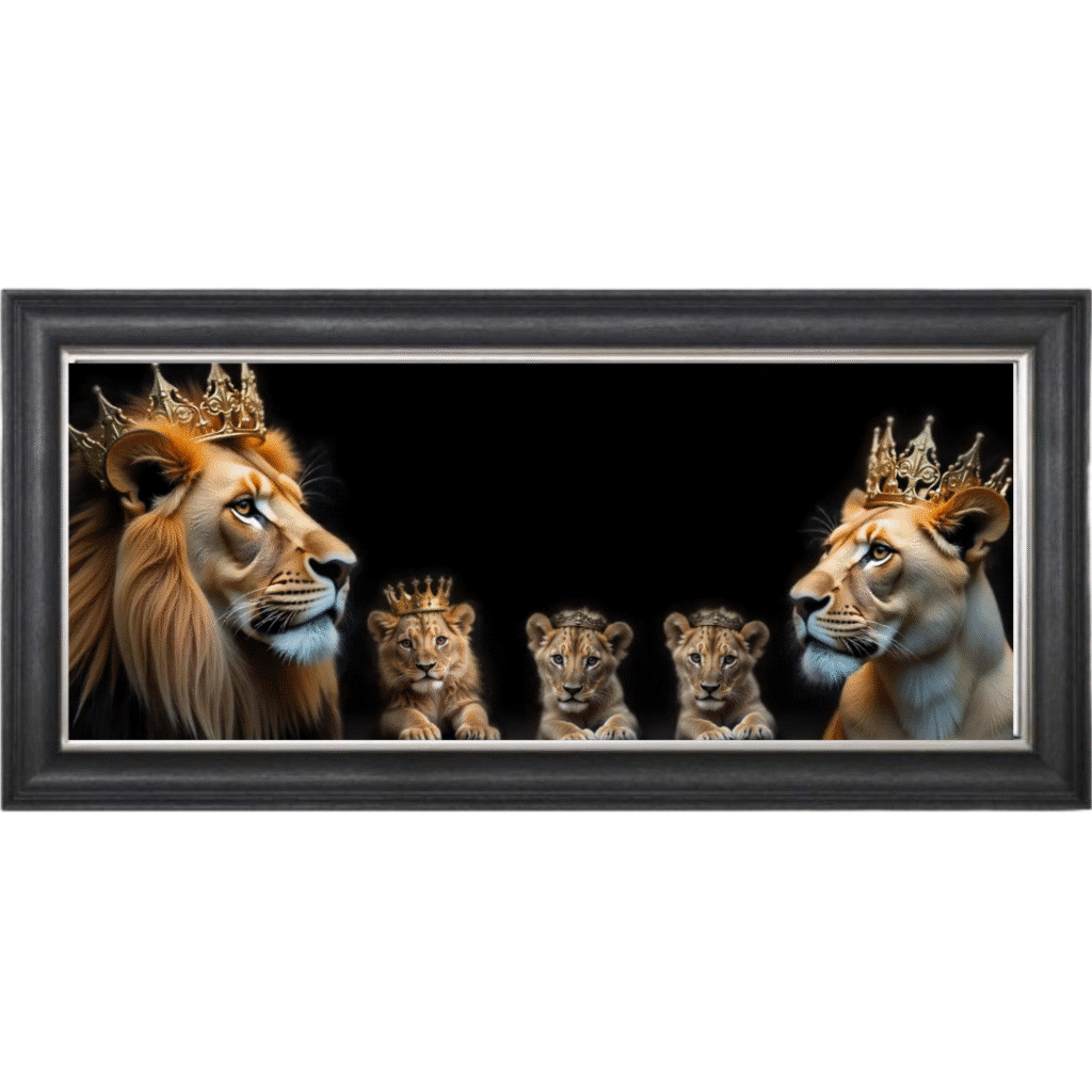 Royal Lion Family 1 Boy and 2 Girl Cubs - Framed Wall Art