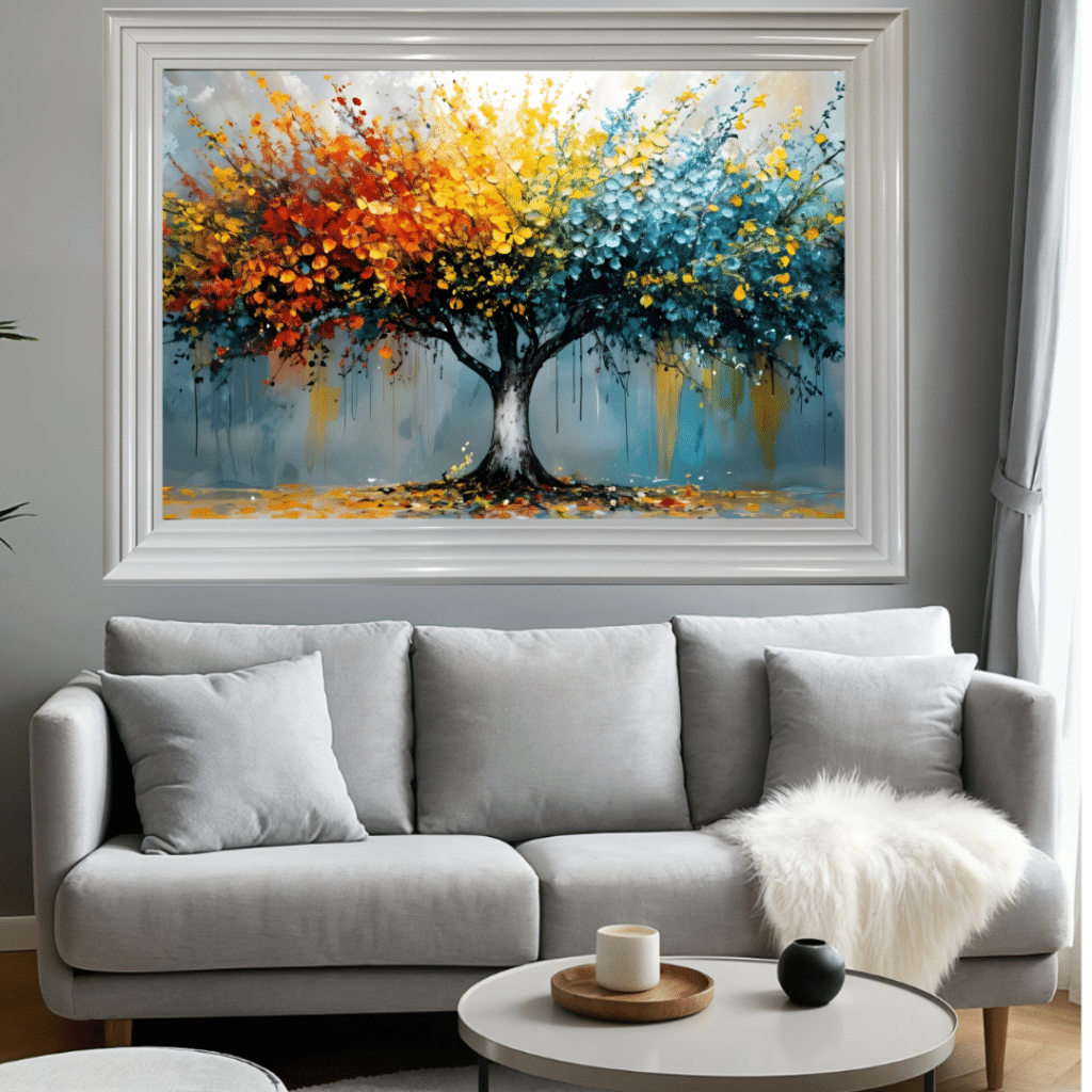 Abstract painting of a colorful tree with vibrant orange, yellow, and blue tones above a modern grey sofa in a stylish living room.