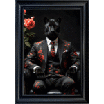 Black Panther in floral suit - Framed Animal Wall Art