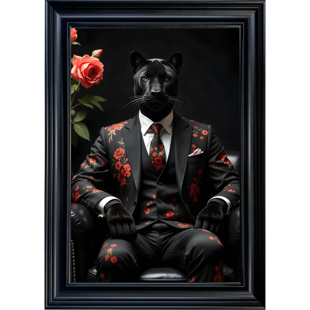 Untitled - 2025-08-06T174134.502 Black Panther in floral suit - Framed Animal Wall Art