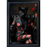 Black Pantheress in floral suit - Framed Animal Wall Art