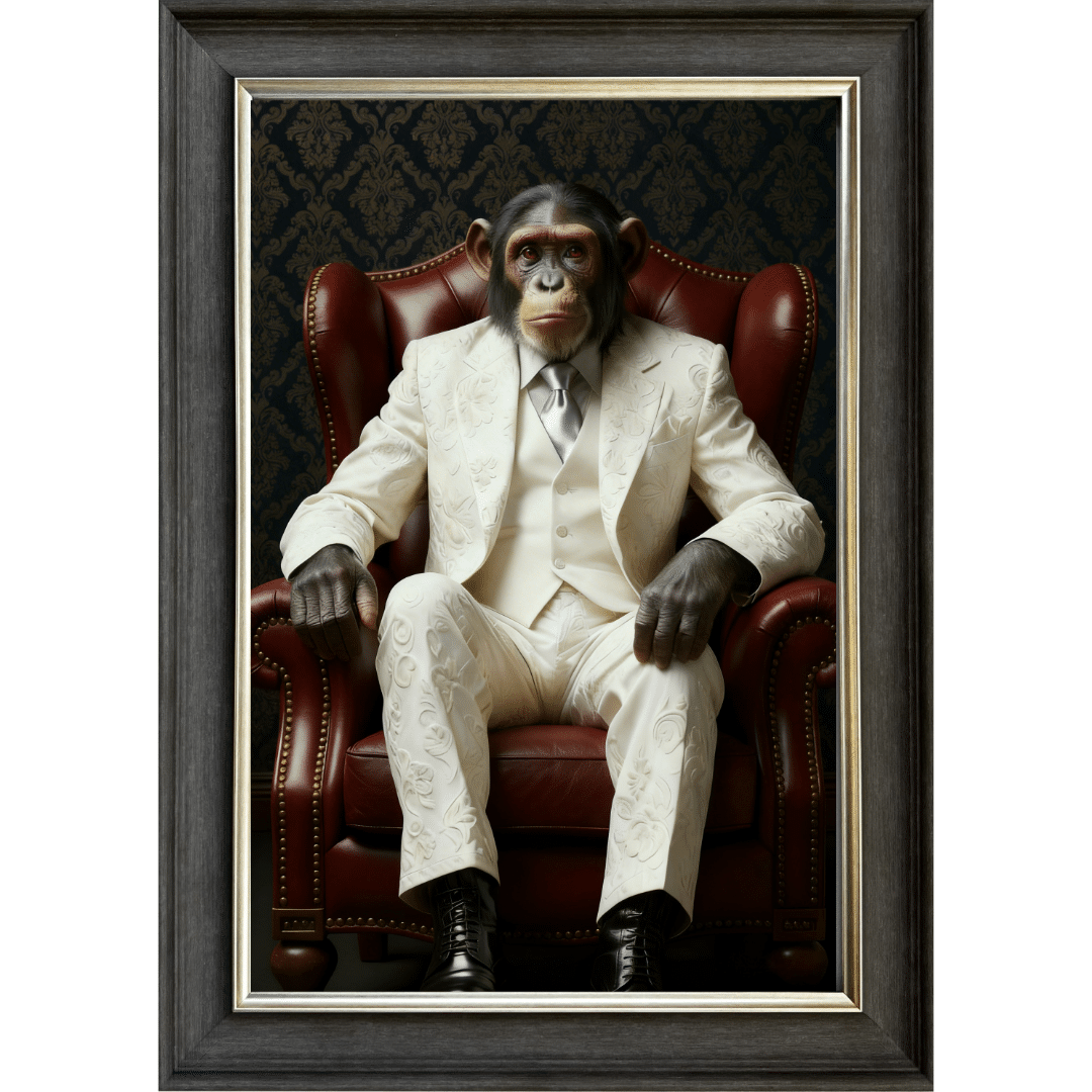 Untitled (62) Chimp in White Floral Suit Wall Art - Luxury Framed Monkey Art