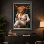 highland cow in white floral suit wall art with champagne