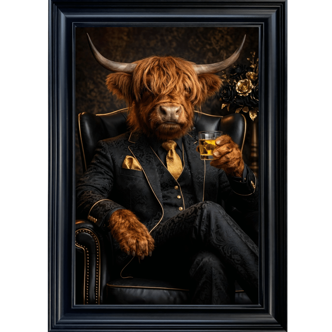 Untitled - 2026-05-20T122539.252 Highland Cow in Black and Gold floral suit - Luxury Framed Animal Wall Art